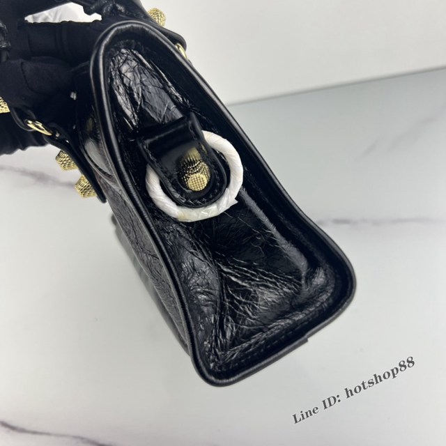 Balenciaga專櫃爆款手提女包 巴黎世家原版油蠟頭層牛皮香皮鳳梨金釘迷你機車包 fyj1338